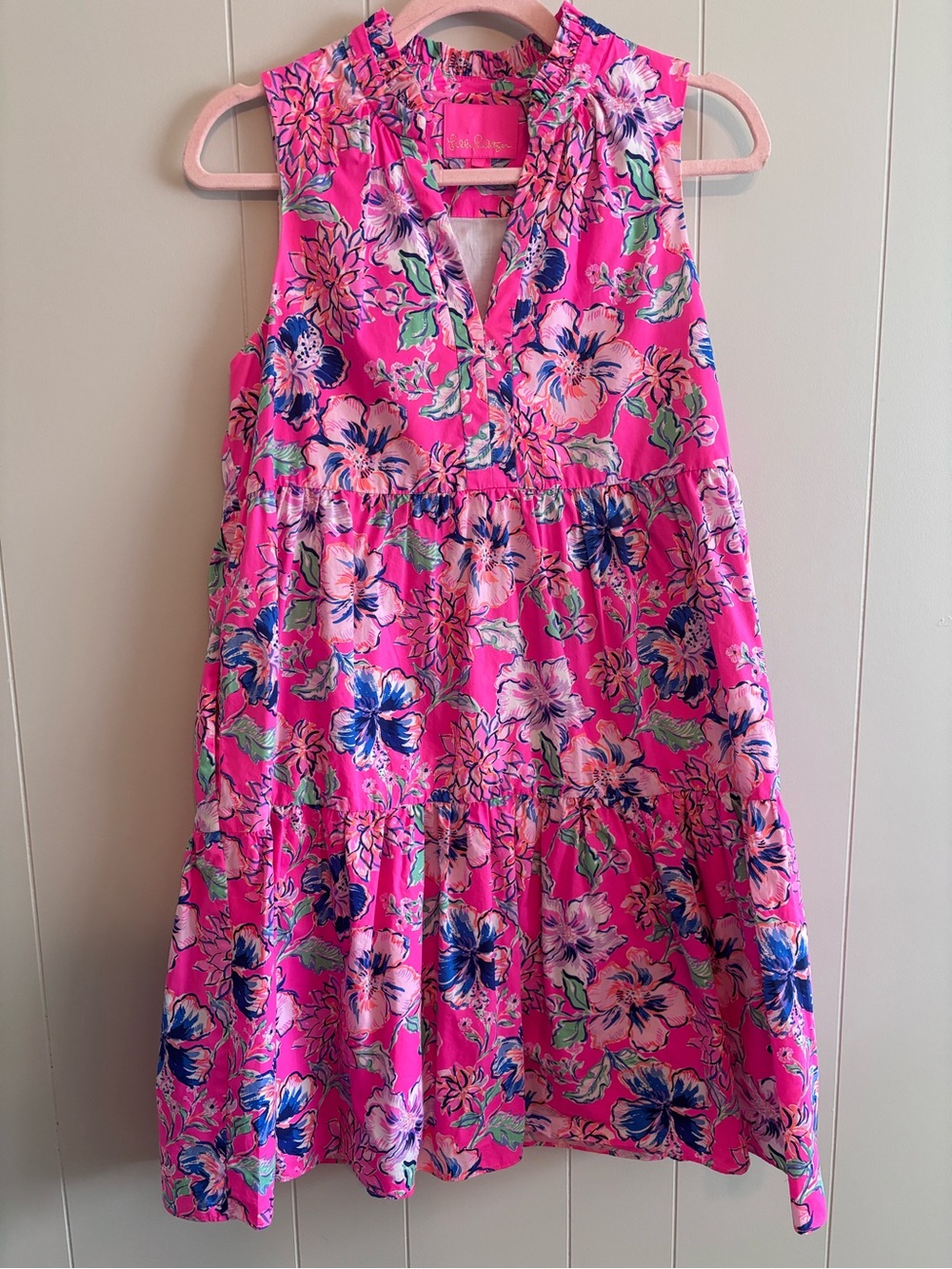 Pink and Blue Floral Sleeveless Tiered Dress